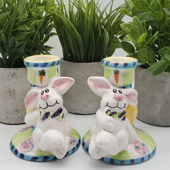 Easter Rabbit Ceramic Hand Painted Candle Stick Holders Set of 2 - Picture 7 of 7
